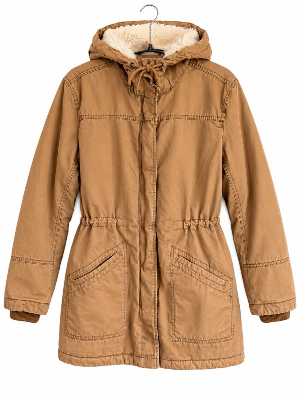 Old Navy Women’s Camel Fur Lined Utility Coat Gorpcore Drawstring Waist Medium